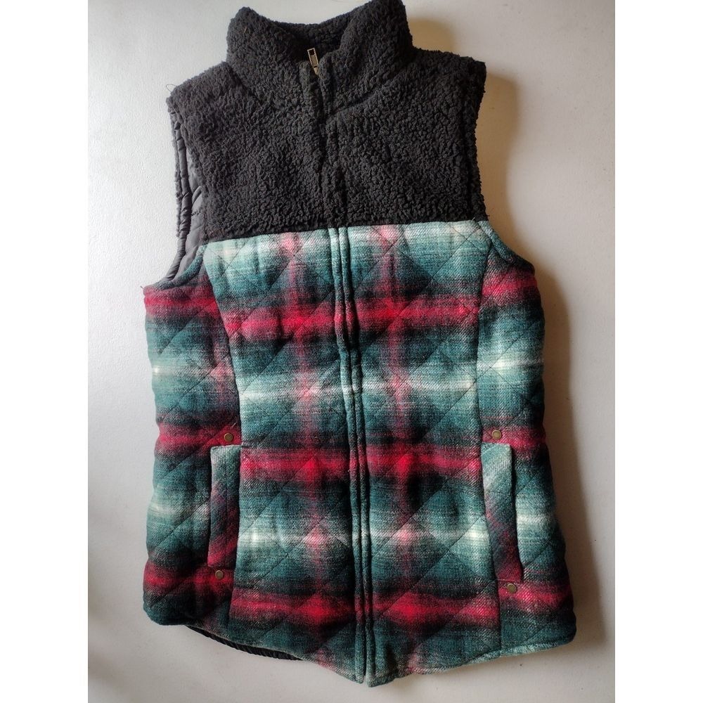 Maurices Womens Plaid Quilted Sherpa Lined Vest Puffer Vest Charcoal Red Teal XS